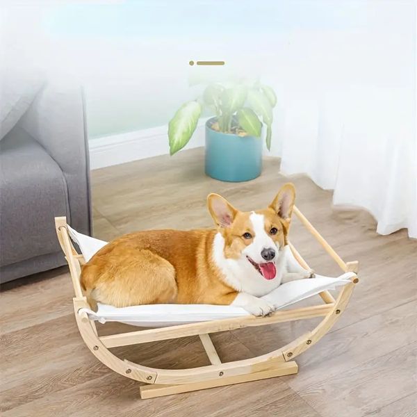 Cama para gatos con dos capas de colchón, hamaca de madera para gatos, cama para dormir para gatitos, mecedora de madera, cuna rodante, juguete para cachorros y gatos