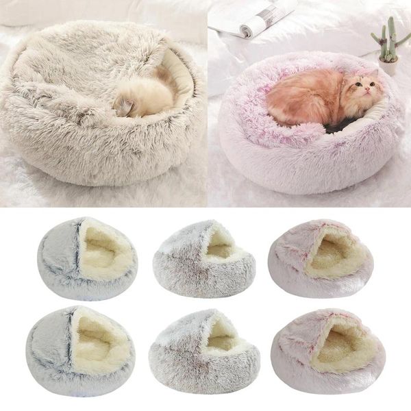 Lits ronds et longs en peluche pour chat et chien, sac de couchage chaud d'hiver pour chiot, tapis de nid lavable