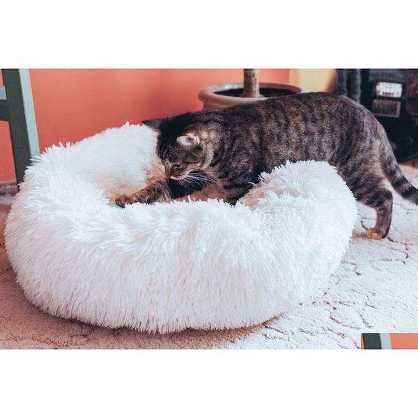 Lits pour chats Meubles Lit pour chat apaisant - Donut Fluffy Pet Warm Kitten Kennel Soft Round Cave Nest Drop Delivery Home Garden Pet Supplies Otxxi