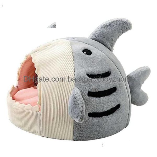 Lits de chat meubles dessin animé requin forme grotte lit tente pour animaux de compagnie maison coussin doux fond antidérapant YQ231020 livraison directe maison jardin Supp Dhrhm