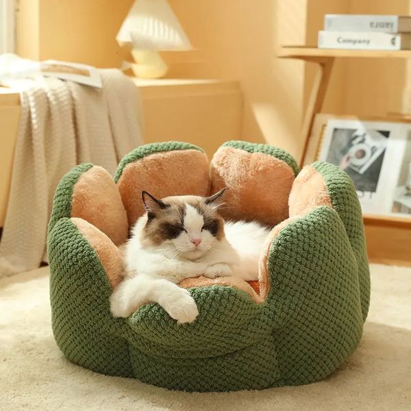 Camas para gatos Muebles Cama para gatos Camas para perros con forma de pétalo Perrera Invierno Cálido Casa para gatitos Cesta redonda de felpa suave Cojín para cachorros esponjosos Estera Suministros para mascotas 231011