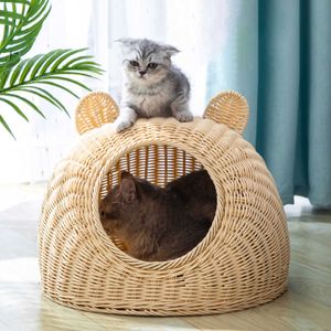 Cat Beds Furniture er Cat Bed Indoor Modern Cat Hideaway Hut Casas de ratán Mascotas en Dome Basket Lavable Play House Cage Kennel Toy W0413