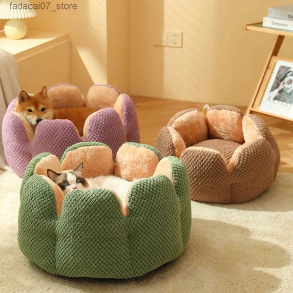 Camas para gatos Muebles Forma de flor Cama para gatos Casa Donut Sofá redondo Suministros Accesorios para mascotas de invierno Cojines cálidos Cesta Alfombra para gatitos para perros YQ231020