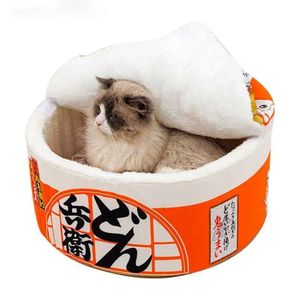 Lits de chats meubles nouilles drôles petit lit de chien house ramen cave cave intérieure en peluche de chenil coussin coussin détachable pour chiens moyens lavables yq231020