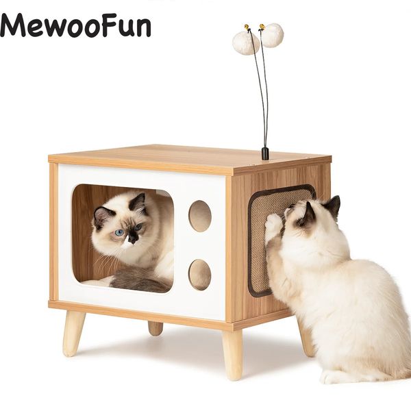 Camas para gatos Muebles Mewoofun Cat House Cama de condominio de madera Interior en forma de TV Muebles de refugio para gatos grandes y resistentes de lujo con cojín Rascador para gatos US 231011