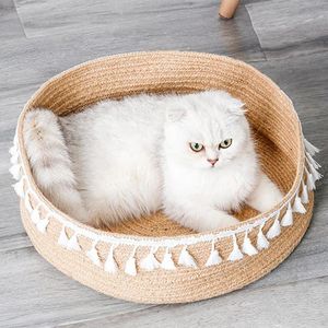 Kattenbedden meubels natuurlijk katoenen touw geweven ronde bed mand nest huisdier slapen binnen krasmatige kussen geschikt voor puppy kleine honden