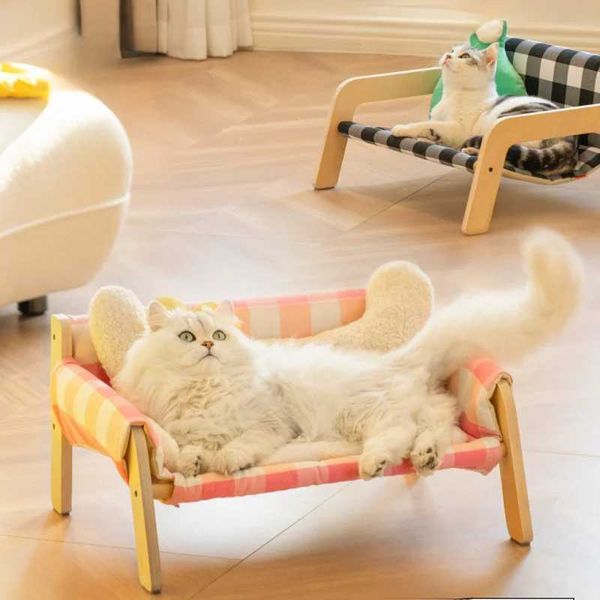 Lits de chats meubles naturels en bois lits pour animaux de compagnie lits de chats lits de chats frameaux en bois et tissu à carré respirant lit de chien pour petits chiens moyens nid chiot de chenil