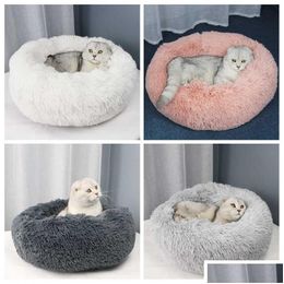 Katbedden meubels Nieuwe ronde comfortabele kalmerende hondenbed voor katten Soothing Anti Anxiet House Fleece Marshmallow Cushion Drop Delivery Home G Dhyav