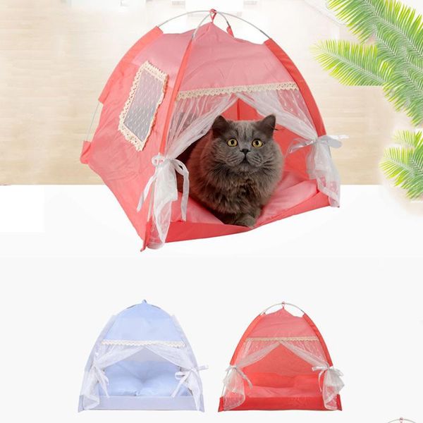 Lits pour chats meubles tente pour animaux de compagnie maison lit pliable Semi fermé doux tipi confortable avec tapis pour petits chats chiens accessoires