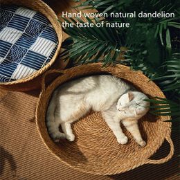 Cat Beds Furniture Pure Manual Rattan Woven Cat Nest Four Seasons General Dandelion Woven Cool Nest Cat Bed Cat Scratch Board Productos para mascotas 230625