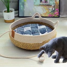 Lits pour chats Meubles Lit pour chat en tissu rotin avec intérieur amovible chambre à coucher durable zéro plancher lavable fournitures pour animaux de compagnie été Y240322