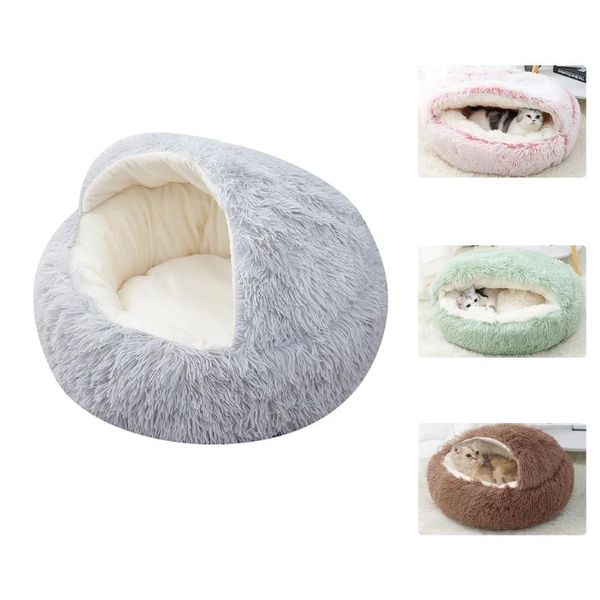 Lits pour chats meubles lit rond maison longue peluche animal apaisant pour chats chien intérieur semi-fermé coussin tapis canapé chenil chaise longue polaire approvisionnement