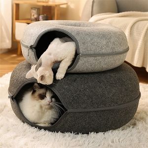 Lits de chat meubles lit de beignet rond avec fermeture à glissière panier de maison feutre naturel nid de grotte de lapin drôle interactif tunnel pour animaux de compagnie jouet accessoires 221010