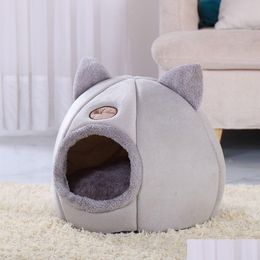 Meubles de lits de chats Maison douce Tente de grotte de lit chaud avec coussin amovible pour animaux de compagnie à manches hiver