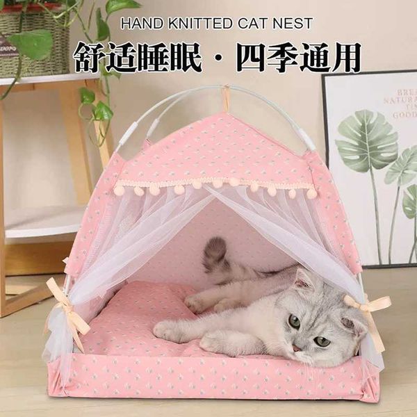 Lits de chats meubles semi semi fermé maison chat hate froide pliable pliable extérieur tente rose princesse rose lit doux confortable hremptable chaud dog lit d240508