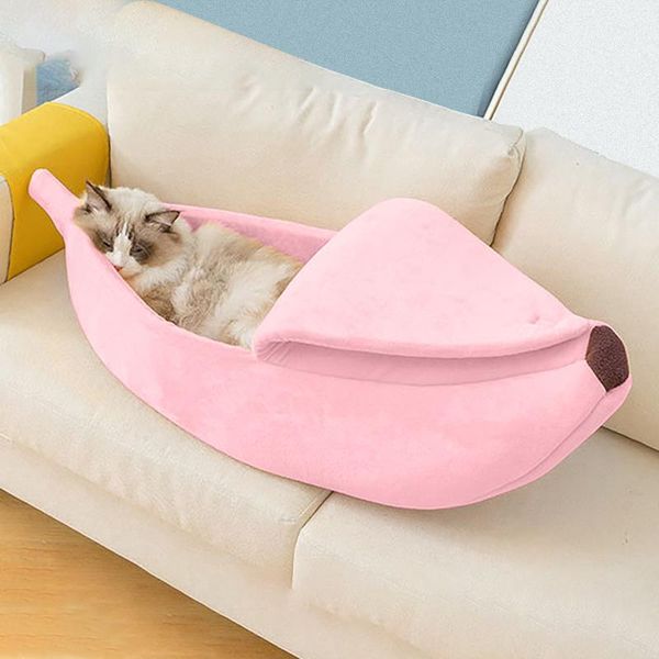 Camas para gatos, muebles de invierno para mascotas, cama para gatos con forma de plátano, casa de felpa suave y cálida, manta para perros pequeños, alfombrillas para cachorros, perrera, tumbona, cueva para hámster