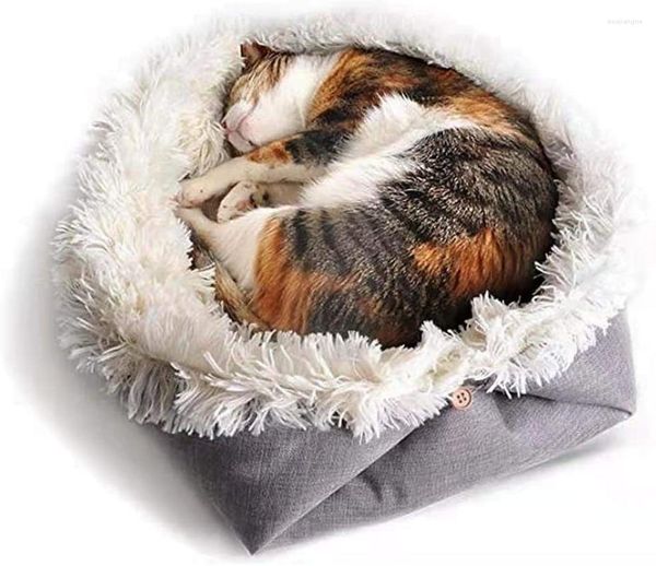 Lits pour chat animal de compagnie à fourrure pour chats petits chiens 2-en-1 couverture en peluche douce sac de couchage pliable anti-dérapant chaud confortable coussins de nid