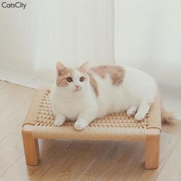 Lits pour chats Corde en papier tissée à la main Lit en hêtre massif Tabouret bas Grattoir Fournitures pour animaux de compagnie