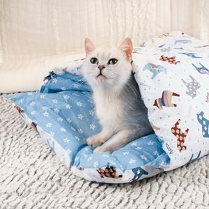 Lits pour chats Nid pour animaux de compagnie Lit chaud et doux en automne hiver Produits de style japonais Sac de couchage semi-fermé