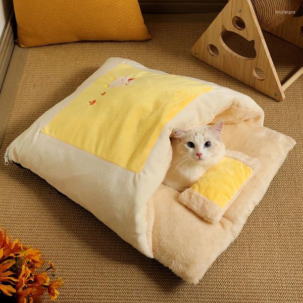 Lits de chat hiver chaud coussin de lit pour animaux de compagnie mignon oreiller couette maison lavable sac de sommeil nid chenil pour petit chien