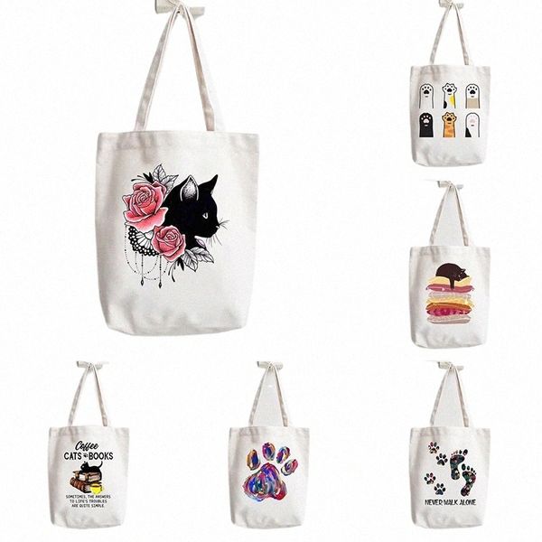 Cat Books Café Love Print Shopper Handbags épaule Fi Canvas Casual Shop Girls Women Graphic Tote Bag V298 #