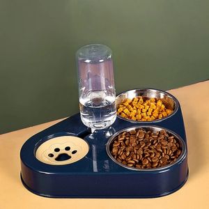 Cat Bowls Feeders 3In1 Pet Dog Cat Food Bowl con botella Bebedero automático Fuente portátil Durable Acero inoxidable 3 Bowls Suministros para mascotas 230625