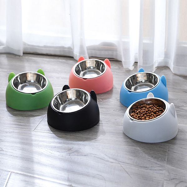 Cat Bowls Feeders Cat Dog Bowl 15 grados Elevado de acero inoxidable antideslizante Base para cachorros Comida para gatos Alimentador de agua potable Tilt Neck Pet Bowl 230625