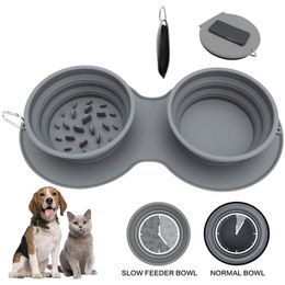 Cuencos para gatos comederos plegables de silicona para mascotas cuenco antideslizante para perros de doble uso con mosquetón comida portátil al aire libre 230628