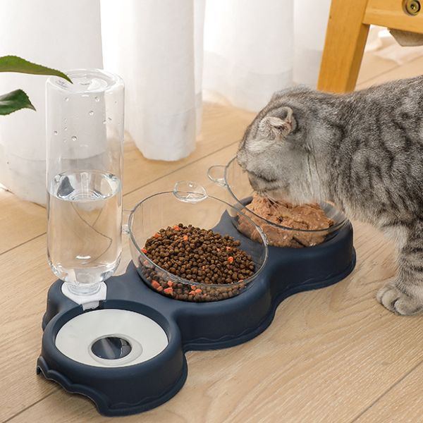 Cat Bowls Feeders Pet Cat Bowl Alimentador automático 3-en-1 Dog Cat Food Bowl con fuente de agua Double Bowl Beber Elevado Stand Dish Bowls para gatos 230625