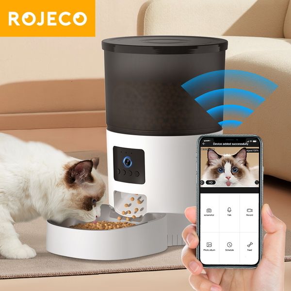 Gamelles pour chats Mangeoires ROJECO mangeoire automatique avec caméra distributeur de nourriture vidéo pour animaux de compagnie enregistreur vocal intelligent télécommande automatique pour chien 230907