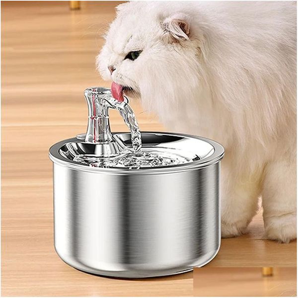 Bols de chat mangeoires fournit la fontaine d'eau 2L MATIC en acier inoxydable pour chiens de compagnie de chien Pompe de traquiet pour les accessoires de filtre des chats dro dhe03