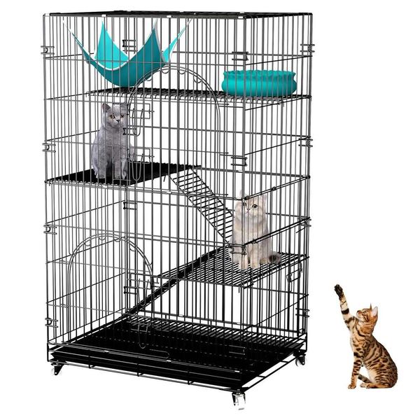 Jaulas para gatos de interior, jaula plegable de metal de 4 niveles de 53 pulgadas para gatitos y hurones, recinto con ruedas giratorias de 360°, parque para mascotas con rampa, escaleras, hamaca y cama, color negro