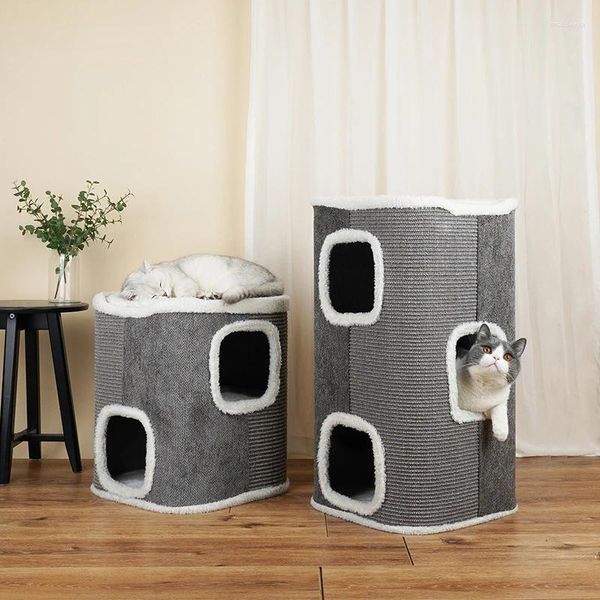 Transportadores para gatos de 2 capas, rascador para mascotas, cilindro de casa, jaulas de sisal, torre rascadora, actividad con plataforma superior de colchón extraíble