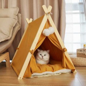 Porteurs de chats caisses maisons de la maison pour animaux de compagnie maison en bois massif chienne lit de chats lits intérieurs et tente extérieure avec tapis portable un tissu imperméable détachable 240426