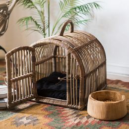 Cat Carriers Crates Houses Natural Agate Rattan Handgemaakte kunst Pet Bed Portable Cage Cathouse Doghouse Supplies House Four Seasons Universal