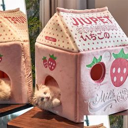 Cat Carriers Crates Houses Stberry Milk Banaan Cat Bed Huis 201111 Druppel Delivering Home Garden Pet Supplies Dh1lt