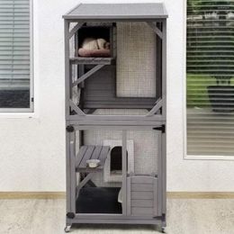 Porteurs de chats maison en cage extérieure en cage sur roues grand kitty en bois catio avec boîte de repos pvc calque