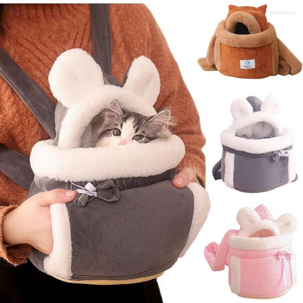 Transportadores para gatos, mochila para exteriores, bolsa portadora de felpa suave y cálida, nido interior, pecho colgante integrado para invierno para gatitos, viajes para caminar