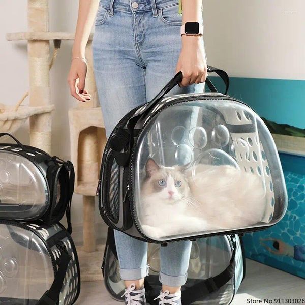 Portadores de gatos portátiles portador bolsas para mascotas bolsas de viaje de cachorro plegable transparente transparente pvc dual use mascotas grandes mascotas salientes bolsillo