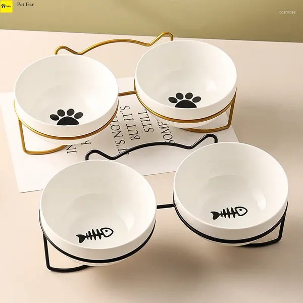 Portadores de gatos Poursweet Pet Ceramic 500ML Alimentador de agua Dispensador de platos de alimentación de alimentos con soporte elevado Gatito Cachorro Tazón elevado de metal