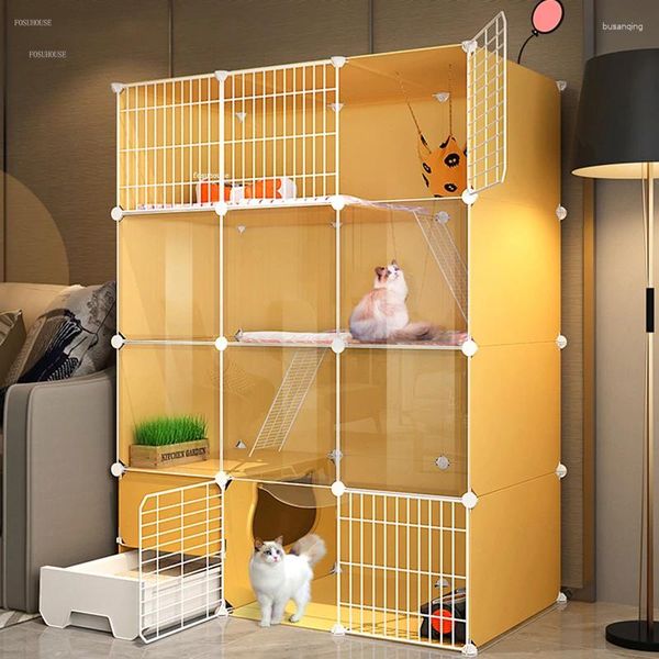 Porte-chats Cages d'intérieur simples en plastique Transparent petites clôtures pour animaux de compagnie Villa avec bac à litière de toilette balcon Cage maison