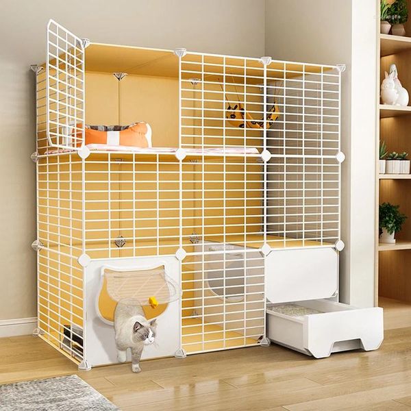 Transportadores para gatos, jaula Simple con diseño de malla de hierro, casa interior, gran espacio integrado con caja de arena para inodoro, valla para suministros para mascotas, Villa