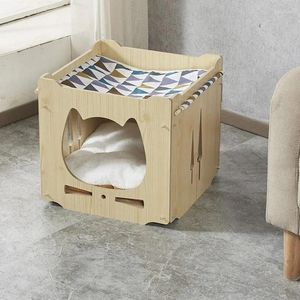 Kattenmanden Houten Nest Voor Alle Seizoenen Huisdiermeubilair Doe-het-zelf Bouwsteen Bed Kooi Cabine Geventileerd En Ademend