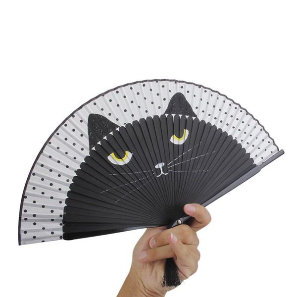 Gato chino dibujos animados estilo japonés seda mano plegable ventiladores fiesta Favor Popular encantador gatito ventilador de mano mujeres niñas espectáculo Fans