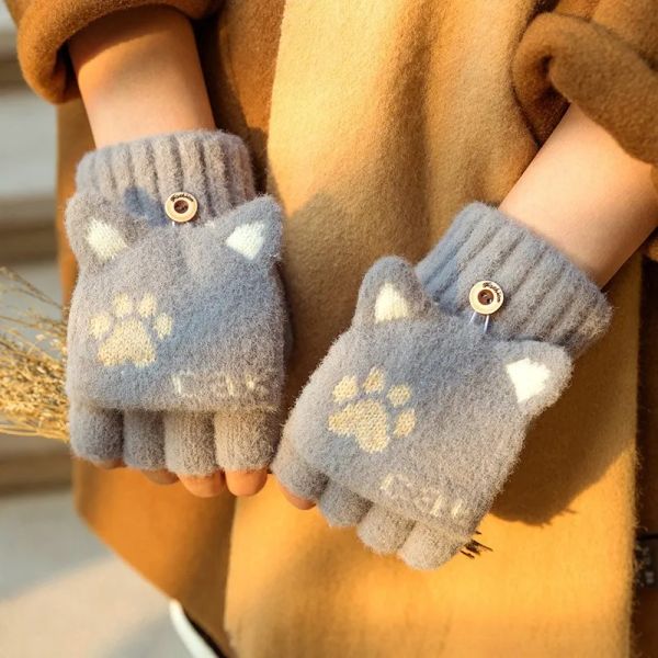 Gants de vison griffe de chat mitaines à rabat sans doigts hiver gants chauds en laine pour écran tactile couverture à rabat hommes mitaines à tricoter femmes hommes gant