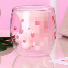 Chat griffe patte tasse à café dessin animé mignon lait jus maison bureau café cerise rose Transparent Double verre patte tasse Q1215330U