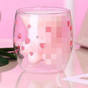 Taza de café con forma de garra de gato, dibujos animados, lindo jugo de leche, oficina en casa, café, cereza, rosa, transparente, doble vaso con forma de pata Q1215176z