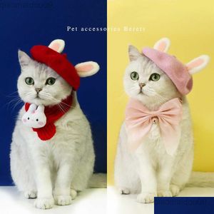 Costumes de chat Costumes de chat mignon Costume de Noël accessoire de cheveux Po accessoires vacances chapeau pour animaux de compagnie rose lapin oreille chien béret rouge bandeau en laine B Dhodh