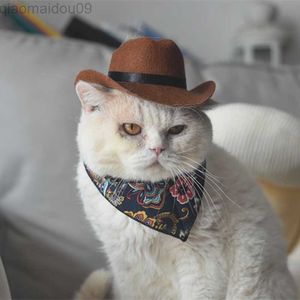 Cat Costumes Cat Cowboy Hat Pet Bandana and Hat Set Western Cowboy Hat for Cat Dog Helmet Str Pet Hat Pet Products AA230321