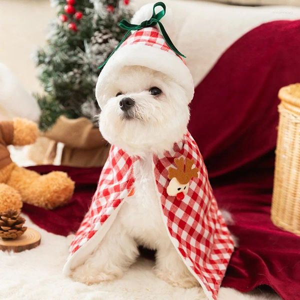 Costumes de chat chats chiot année de noël cape à carreaux avec petite boule décor d'élan chiens hiver chaud en plein air